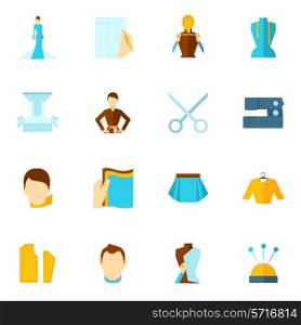 Clothes designer icons flat set with sewing textile and fashion elements isolated vector illustration