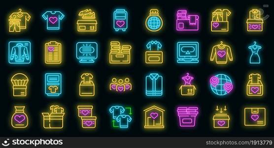 Clothes donation icons set. Outline set of clothes donation vector icons neon color on black. Clothes donation icons set vector neon