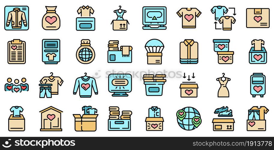 Clothes donation icons set. Outline set of clothes donation vector icons thin line color flat isolated on white. Clothes donation icons set line color vector