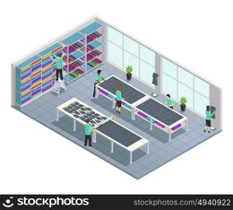 Clothes Factory Isometric Composition . Clothes factory isometric composition with workflow for clothing company in shop at the factory vector illustration