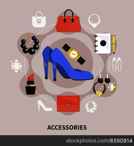 Clothes flat composition with colored accessories handbags watches shoes pumps and other vector illustration. Clothes Flat Composition