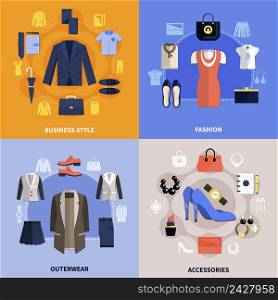 Clothes flat concept with four squares icon set on business style fashion outerwear and accessories themes vector illustration. Clothes Flat Concept