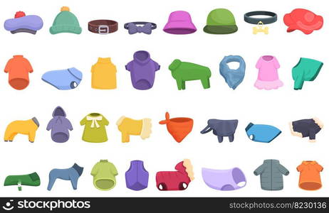 Clothes for cats and dogs icons set cartoon vector. Animal shop. Collar pet. Clothes for cats and dogs icons set cartoon vector. Animal shop