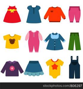 Clothes for childrens. Vector flat illustrations. Apparel kids, blouse and garment, fashion dress clothes. Clothes for childrens. Vector flat illustrations