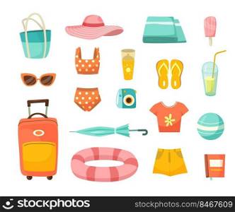Clothes for vacation cartoon illustration set. Hat, sunglasses, swimsuit, ball, umbrella, flip-flops, suitcase, sunscreen and ice-cream isolated on white background Luggage, travel equipment concept