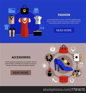 Clothes horizontal banner set with fashion and accessories descriptions and read more buttons vector illustration. Clothes Horizontal Banner Set