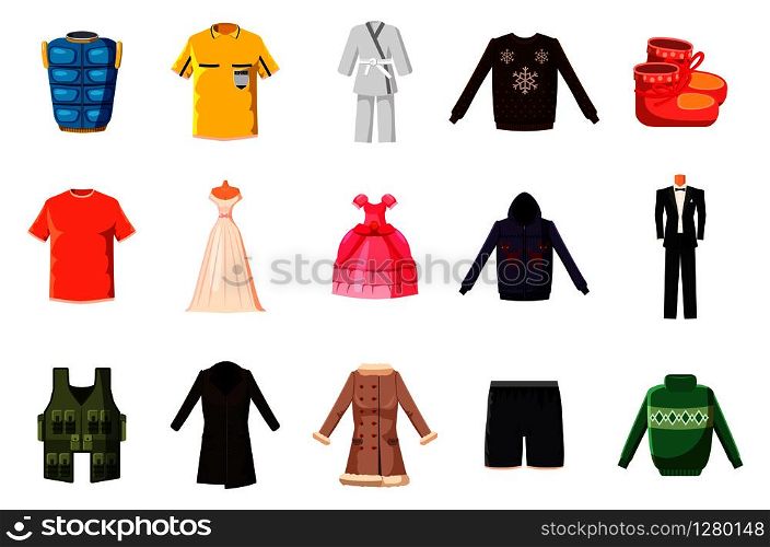 Clothes icon set. Cartoon set of clothes vector icons for web design isolated on white background. Clothes icon set, cartoon style
