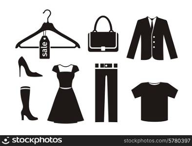Clothes icon set in black color on white background. Trousers hanger bag jacket woman shoes dress T-shirt silhouettes