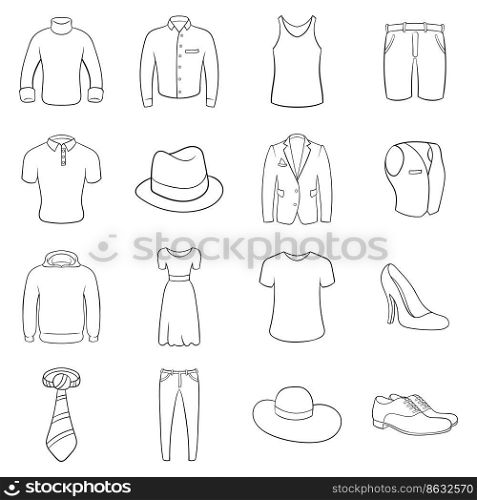 Clothes icons in outline style isolated on white background. Clothes icons set vector outline