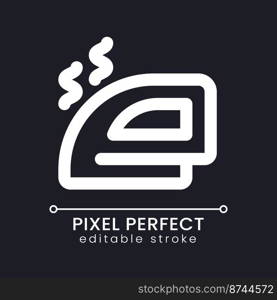 Clothes iron pixel perfect white linear ui icon for dark theme. Electric device. Hotel service. Vector line pictogram. Isolated user interface symbol for night mode. Editable stroke. Poppins font used. Clothes iron pixel perfect white linear ui icon for dark theme