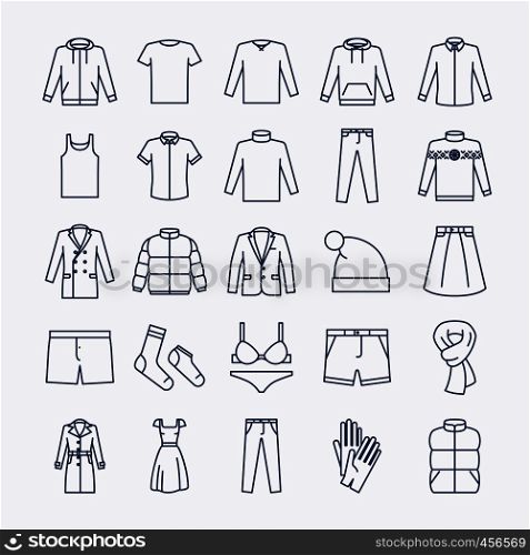 Clothes linear icons. Vector outline clothes icons on white background. Clothes linear icons