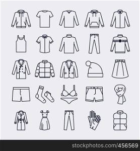 Clothes linear icons. Vector outline clothes icons on white background. Clothes linear icons