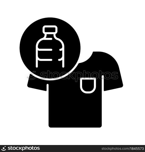 Clothes made from plastic bottles black glyph icon. Sustainable clothing item. Sustainable t shirt. Fabrics from recycled plastic. Silhouette symbol on white space. Vector isolated illustration. Clothes made from plastic bottles black glyph icon