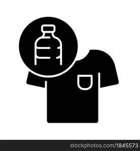 Clothes made from plastic bottles black glyph icon. Sustainable clothing item. Sustainable t shirt. Fabrics from recycled plastic. Silhouette symbol on white space. Vector isolated illustration. Clothes made from plastic bottles black glyph icon