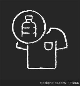 Clothes made from plastic bottles chalk white icon on dark background. Sustainable clothing item. Sustainable t shirt. Fabrics from recycled plastic. Isolated vector chalkboard illustration on black. Clothes made from plastic bottles chalk white icon on dark background