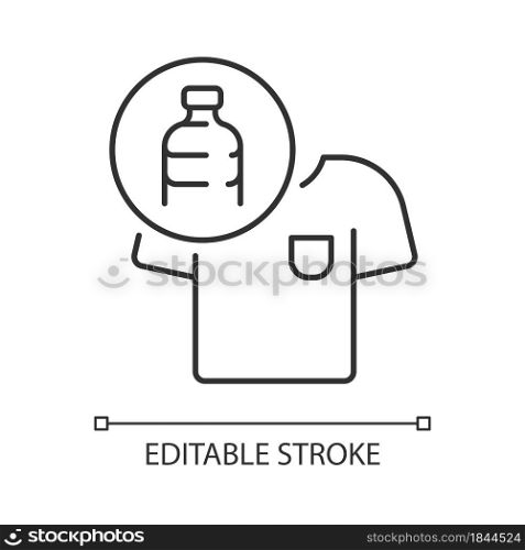 Clothes made from plastic bottles linear icon. Sustainable clothing item. Sustainable t shirt. Thin line customizable illustration. Contour symbol. Vector isolated outline drawing. Editable stroke. Clothes made from plastic bottles linear icon