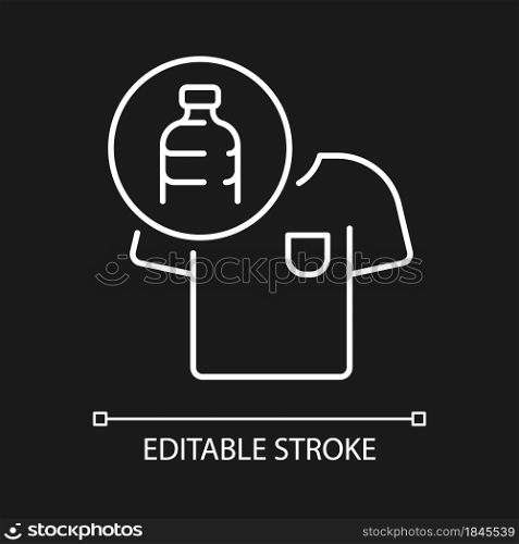 Clothes made from plastic bottles white linear icon for dark theme. Sustainable clothing item. Thin line customizable illustration. Isolated vector contour symbol for night mode. Editable stroke. Clothes made from plastic bottles white linear icon for dark theme