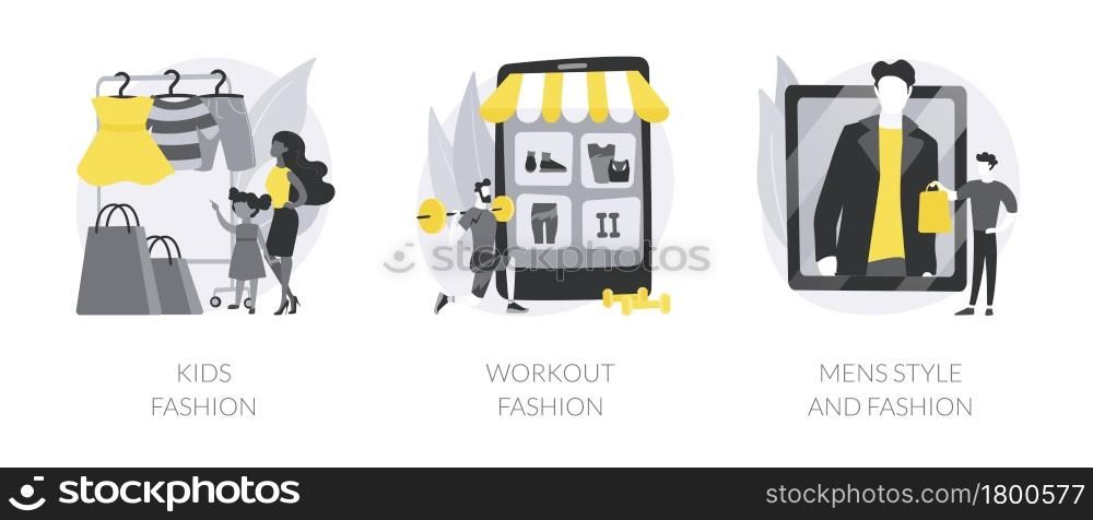 Clothes market abstract concept vector illustration set. Kids fashion, workout and men style clothing, showroom, fashion industry, sportswear brand, men tailor shop, accessories abstract metaphor.. Clothes market abstract concept vector illustrations.