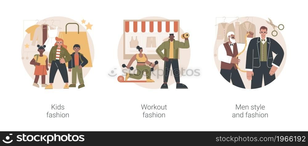 Clothes market abstract concept vector illustration set. Kids fashion, workout and men style clothing, showroom, fashion industry, sportswear brand, men tailor shop, accessories abstract metaphor.. Clothes market abstract concept vector illustrations.