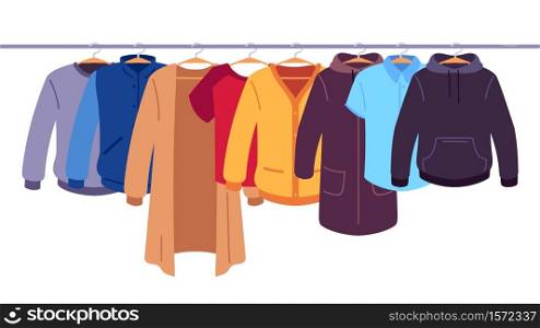 Clothes on hangers. Storage of men and women garments on hangers, apparel hanging on rack, wardrobe inner space flat vector concept. Jacket and coat hoodie and tshirt, pullover hanging. Clothes on hangers. Storage of men and women garments on hangers, apparel hanging on rack, wardrobe inner space flat vector concept