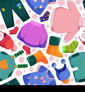 Clothes pattern. Casual pants jackets dresses textile design illustration for kids clothes garish vector fashion seamless background. Illustration kids accessory wrapping, bodysuit casual. Clothes pattern. Casual pants jackets dresses textile design illustration for kids clothes garish vector fashion seamless background