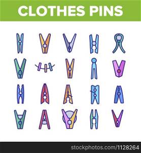 Clothes Pins Fasteners Collection Icons Set Vector Thin Line. Wooden And Plastic Clothes Pins Housework Equipment, Clothespins On Cable Rope Concept Linear Pictograms. Monochrome Contour Illustrations. Clothes Pins Fasteners Collection Icons Set Vector