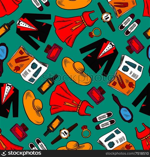 Clothes seamless background. Vector wallpaper with pattern icons of man, woman wear, dress, suit, hat, shoes, mirror, magazine, ring, makeup watch parfum and trendy fashion accessories. Fashion clothes seamless pattern background