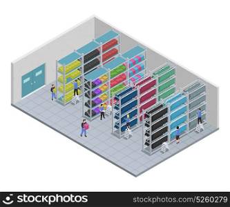 Clothes Sewing Isometric Composition . Colored clothes sewing isometric composition with people who work at a factory vector illustration