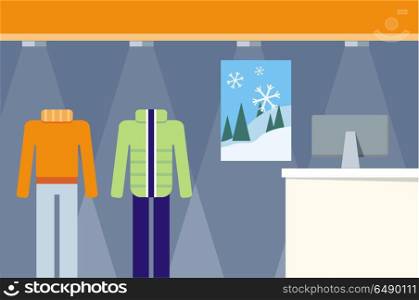 Clothes Shop Showcase Concept Vector Illustration.. Clothes shop showcase concept vector. Flat design. Seasonal change in store range illustration. Pants, sweater, down jacket on mannequins in shop floor. Picture for flayers, visual ad, web design.