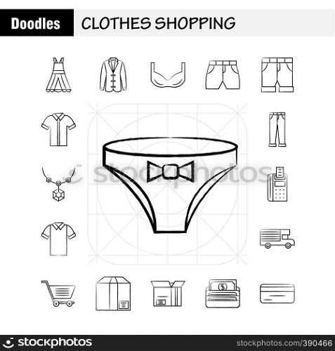 Clothes Shopping Hand Drawn Icons Set For Infographics, Mobile UX/UI Kit And Print Design. Include: Belt, Cloths, Holding Belt, Leather Belt, Credit Card, Eps 10 - Vector