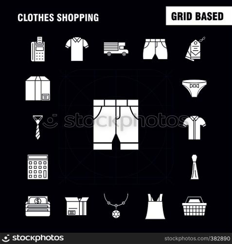Clothes Shopping Solid Glyph Icons Set For Infographics, Mobile UX/UI Kit And Print Design. Include: Belt, Cloths, Holding Belt, Leather Belt, Credit Card, Eps 10 - Vector