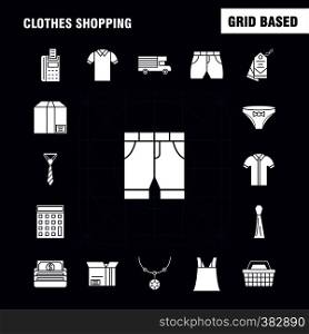 Clothes Shopping Solid Glyph Icons Set For Infographics, Mobile UX/UI Kit And Print Design. Include: Belt, Cloths, Holding Belt, Leather Belt, Credit Card, Eps 10 - Vector