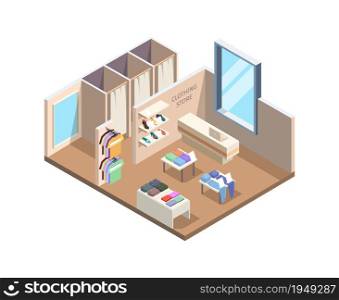 Clothes store isometric. Boutique exhibition stand exterior inside mall fashion retail outfit vector. Boutique store indoor with clothing, retail shop illustration. Clothes store isometric. Boutique exhibition stand exterior inside mall fashion retail outfit vector
