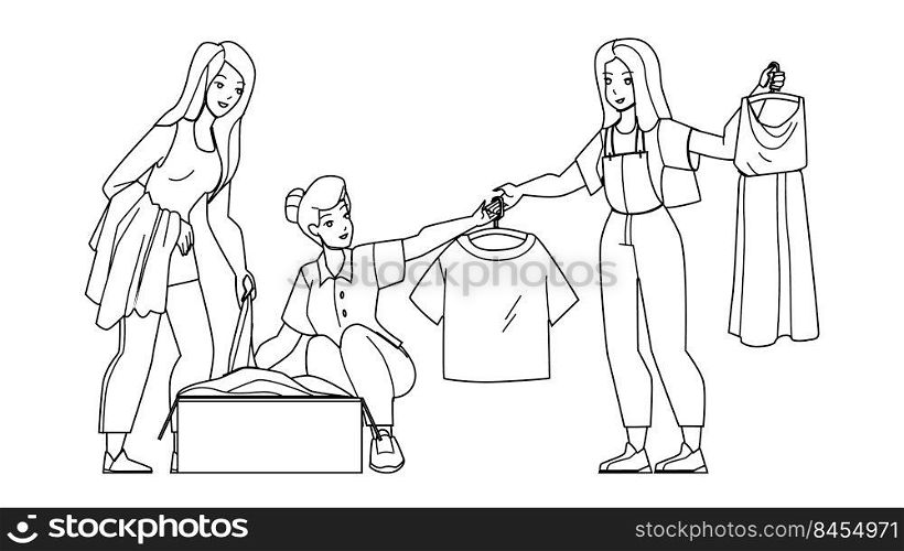 Clothes Swap Party Enjoying Young Women Vector. Girls Resting On Swap Party And Exchanging Fashion Textile Clothing. Characters Happiness Ladies Leisure Time Together black line illustration. Clothes Swap Party Enjoying Young Women Vector