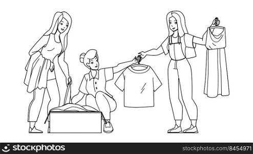 Clothes Swap Party Enjoying Young Women Vector. Girls Resting On Swap Party And Exchanging Fashion Textile Clothing. Characters Happiness Ladies Leisure Time Together black line illustration. Clothes Swap Party Enjoying Young Women Vector