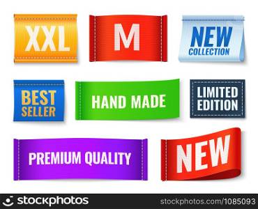 Clothes tags. Promo fabric badges, color cotton rectangular new, hand made and new collection banners. Textile labels isolated vector sign size clothing set. Clothes tags. Promo fabric badges, color cotton rectangular new, hand made and new collection banners. Textile labels isolated vector set