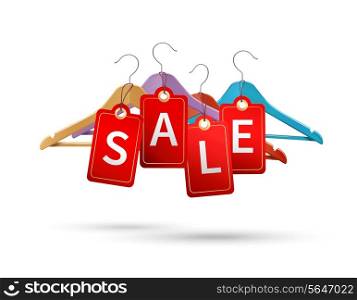 Clothes wooden hangers with discount sale text isolated 3d vector illustration