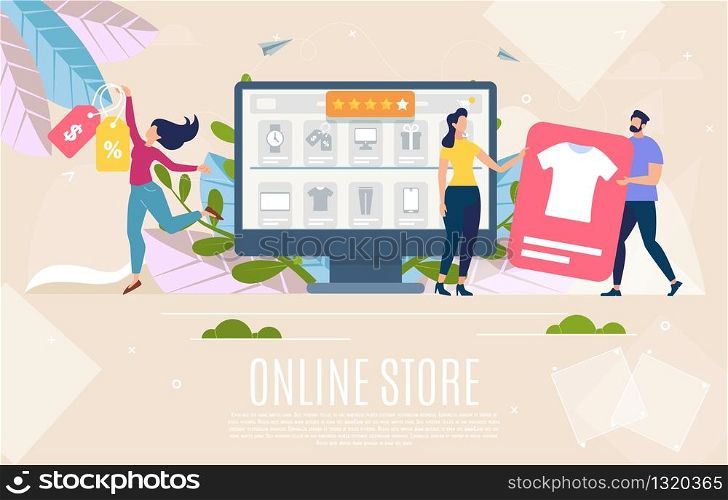 Clothing and Accessories Online Shop or Store Flat Vector Web Banner, Landing Page Template with Satisfied Customers Choosing and Buying Clothes in Internet, Making Purchases on Sale Illustration