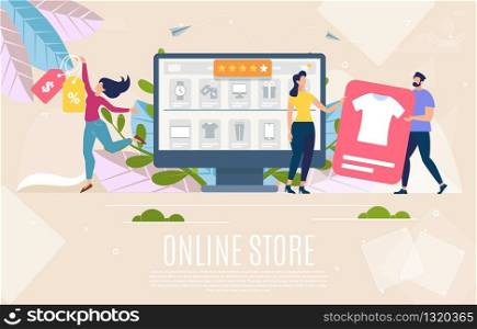 Clothing and Accessories Online Shop or Store Flat Vector Web Banner, Landing Page Template with Satisfied Customers Choosing and Buying Clothes in Internet, Making Purchases on Sale Illustration