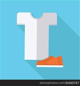 Clothing and footwear vector illustration in flat style. T-shirt and running shoe picture for fashion, sport activity shopping concepts, web pages, app icons, infographics, logotype design. . Clothing and Footwear Vector in Flat Design. . Clothing and Footwear Vector in Flat Design.