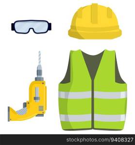 Clothing and tools the worker and Builder. Drill, goggles, green vest and helmet. industrial safety. Kit items and objects. Type of profession. Cartoon flat illustration. Clothing and tools the worker and Builder.
