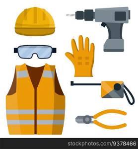 Clothing and tools the worker and the Builder. Type of profession. Cartoon flat illustration. Orange uniform, gloves, drill, goggles and helmet. industrial safety. Kit items and objects. Clothing and tools the worker and the Builder.