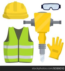 Clothing and tools worker and the Builder. Type of profession. Cartoon flat illustration. Kit items and objects. Yellow uniform, gloves, jackhammer, goggles, orange vest and helmet. industrial safety. Clothing and tools worker and the Builder