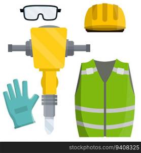 Clothing and tools worker and the Builder. Type of profession. Cartoon flat illustration. Kit items and objects. Yellow uniform, gloves, jackhammer, goggles, orange vest and helmet. industrial safety