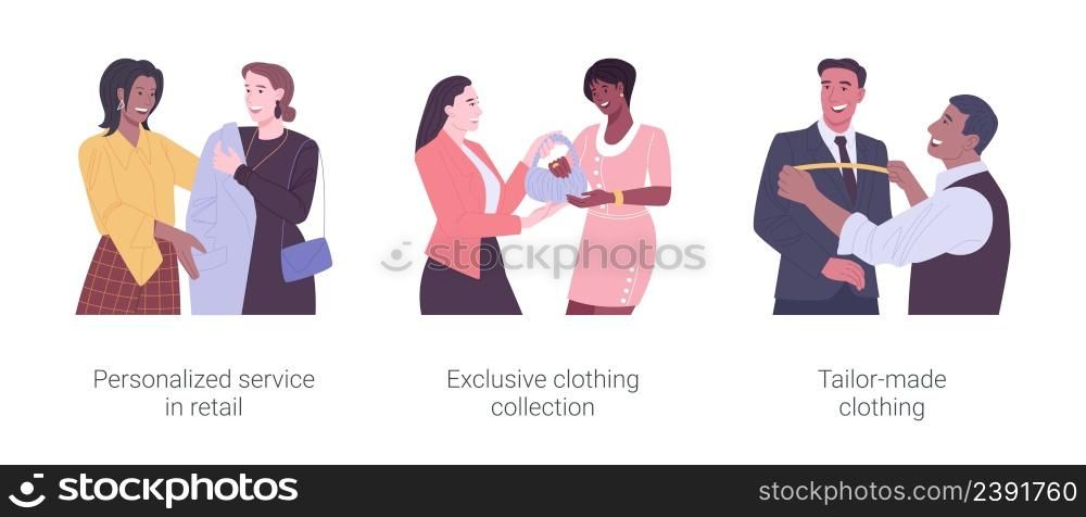 Clothing boutique isolated cartoon vector illustrations set. Personalized service in retail, consultant helps customer, exclusive accessories collection, tailor-made clothing vector cartoon.. Clothing boutique isolated cartoon vector illustrations set.