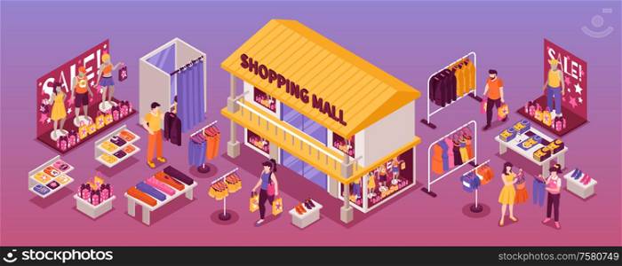 Clothing department store isometric horizontal composition with shopping mall building fitting room display stands customers vector illustration