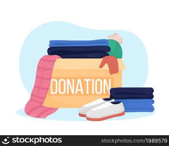 Clothing donation box 2D vector isolated illustration. Shoes and shirts to give away to non profit. Humanitarian aid flat composition on cartoon background. Charity contribution colourful scene. Clothing donation box 2D vector isolated illustration