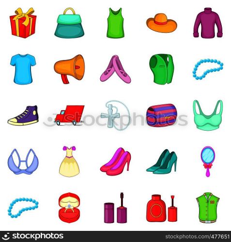 Clothing icons set. Cartoon set of 25 clothing vector icons for web isolated on white background. Clothing icons set, cartoon style