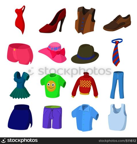 Clothing icons set in cartoon style on a white background. Clothing icons set, cartoon style