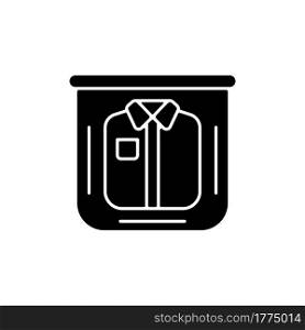 Clothing in plastic bag black glyph icon. Clear compress wrap for garment packing. Essential things for tourist. Travel size objects. Silhouette symbol on white space. Vector isolated illustration. Clothing in plastic bag black glyph icon